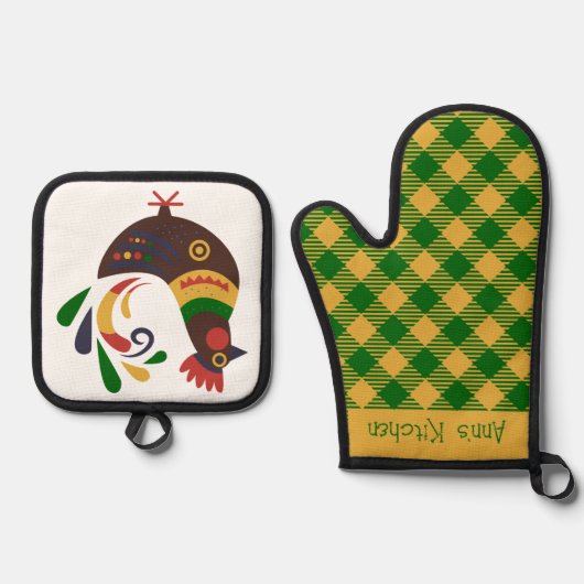 "Rooster" Folklore Art Custom Ofenhandschuh & Topflappen-Set (Vorderseite)