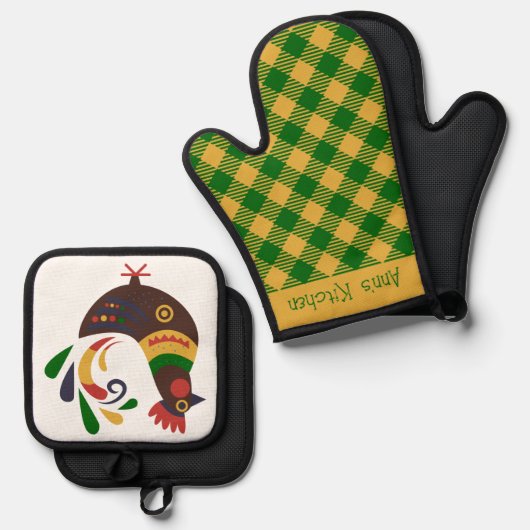 "Rooster" Folklore Art Custom Ofenhandschuh & Topflappen-Set (Vorderseite/Rückseite)