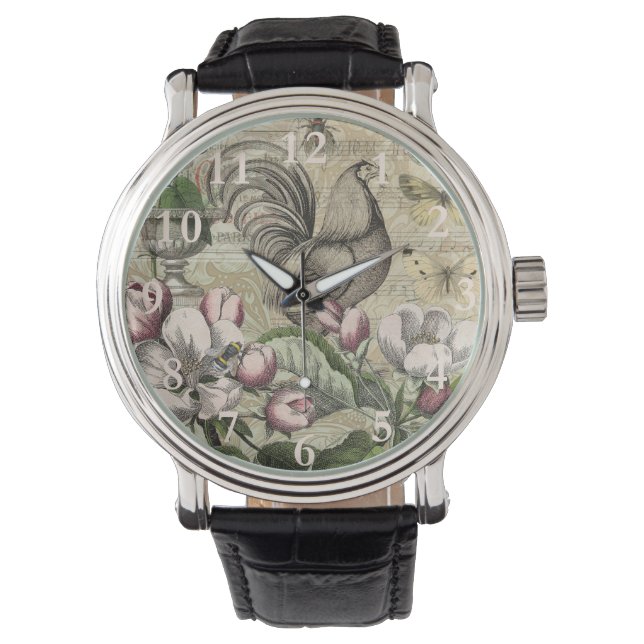 Rooster Garden Blumen Butterfly Art Armbanduhr (Vorderseite)