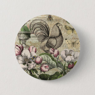 Rooster Garden Blumen Butterfly Art Button