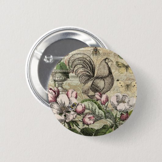 Rooster Garden Blumen Butterfly Art Button (Vorne & Hinten)