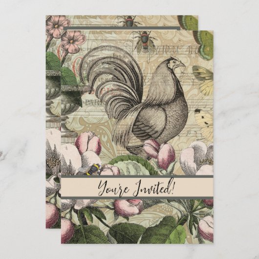 Rooster Garden Blumen Butterfly Art Einladung (Vorne/Hinten)