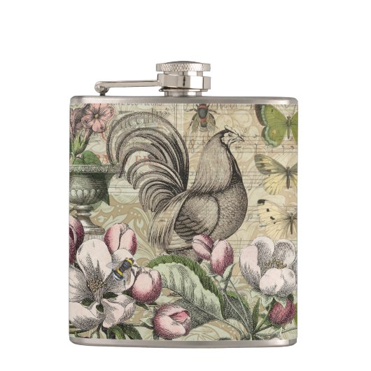 Rooster Garden Blumen Butterfly Art Flachmann (Vorderseite)