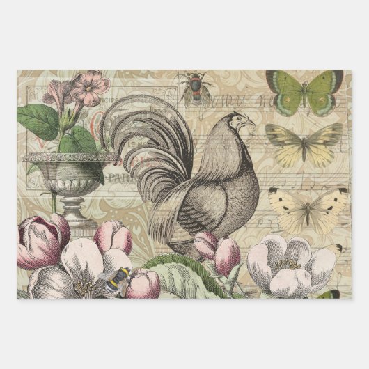 Rooster Garden Blumen Butterfly Art Geschenkpapier Set (Vorderseite)