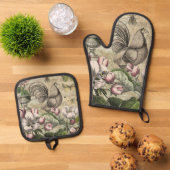 Rooster Garden Blumen Butterfly Art Ofenhandschuh & Topflappen-Set (Oben Unten)
