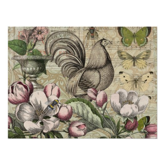 Rooster Garden Blumen Butterfly Art Poster (Vorderseite)