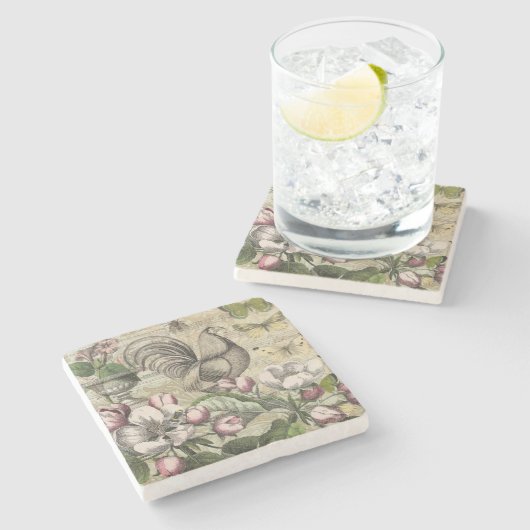 Rooster Garden Blumen Butterfly Art Steinuntersetzer (Seitenansicht)