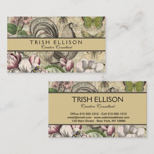 Rooster Garden Blumen Butterfly Art Visitenkarte (Vorne/Hinten)