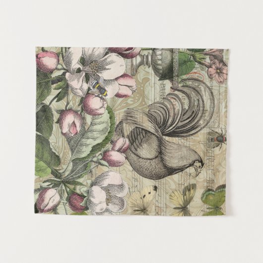 Rooster Garden Blumen Butterfly Art Wandteppich (Vorderseite (Horizontal))