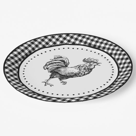 Rooster Gingham Pappteller (Schrägansicht)