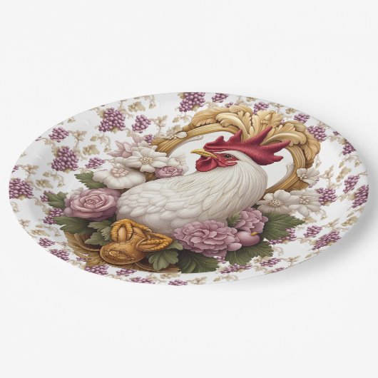 Rooster & Grapes Heraldisches Wappen Pappteller (Schrägansicht)