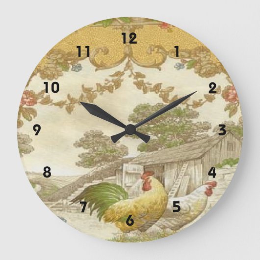Rooster Hen Chicken Coop Clock Große Wanduhr (Vorderseite)
