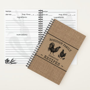 Rooster Hen Family Farmhouse Burlap Craft Rezept Notizblock