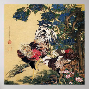 Rooster Hen und Hydrangea von Ito Jakuchu Poster