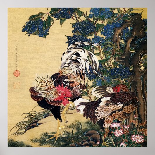 Rooster Hen und Hydrangea von Ito Jakuchu Poster (Vorne)