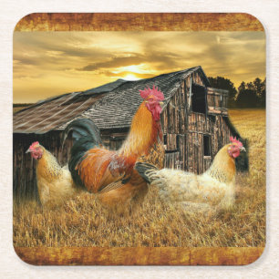Rooster Hens Rustic Barcoop Rechteckiger Pappuntersetzer