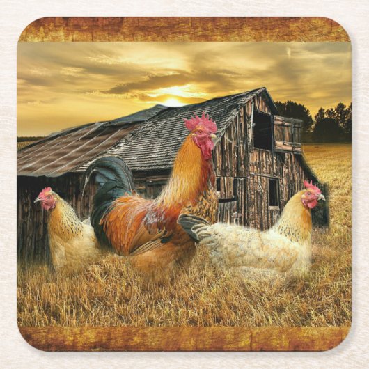 Rooster Hens Rustic Barcoop Rechteckiger Pappuntersetzer (Vorderseite)