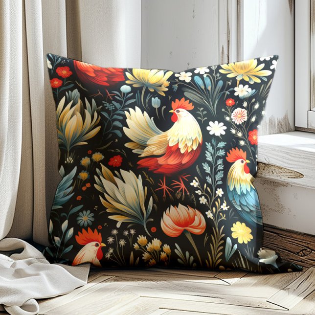 Rooster-Hühner-Blume Kissen (Red and cream-colored rooster on black decorator pillow)