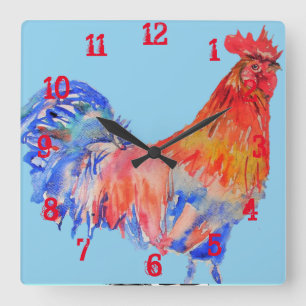 Rooster Hühner Cockerel Kinder Boys Kinderzimmer R Quadratische Wanduhr
