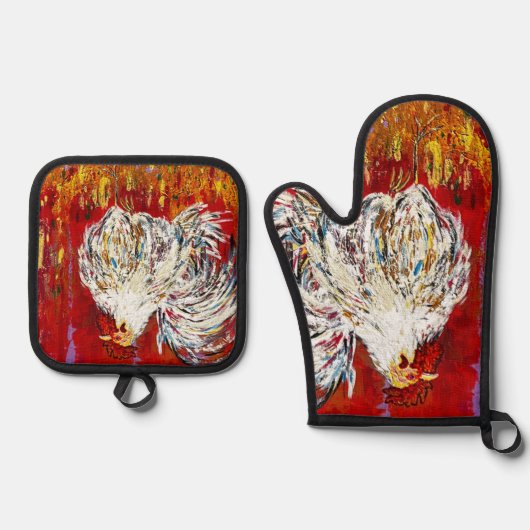 Rooster-Hühner-Mitt und Pot-Holder-Set Ofenhandschuh & Topflappen-Set (Vorderseite)