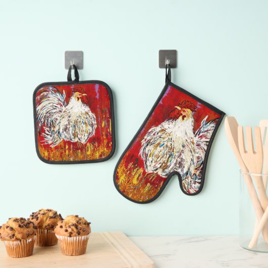Rooster-Hühner-Mitt und Pot-Holder-Set Ofenhandschuh & Topflappen-Set (Insitu (Hängend))