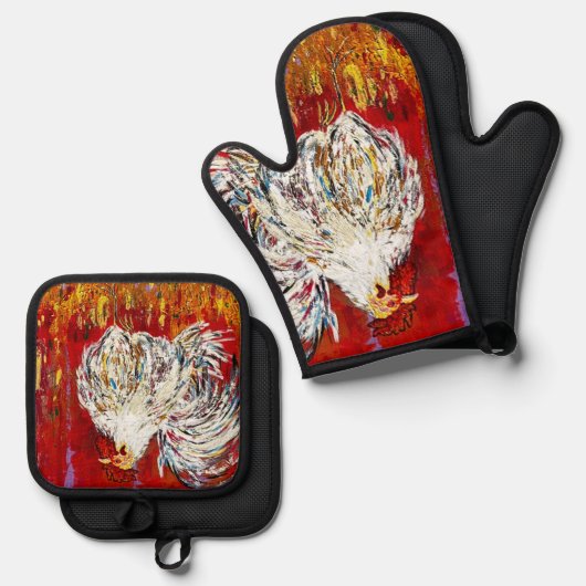 Rooster-Hühner-Mitt und Pot-Holder-Set Ofenhandschuh & Topflappen-Set (Vorderseite/Rückseite)