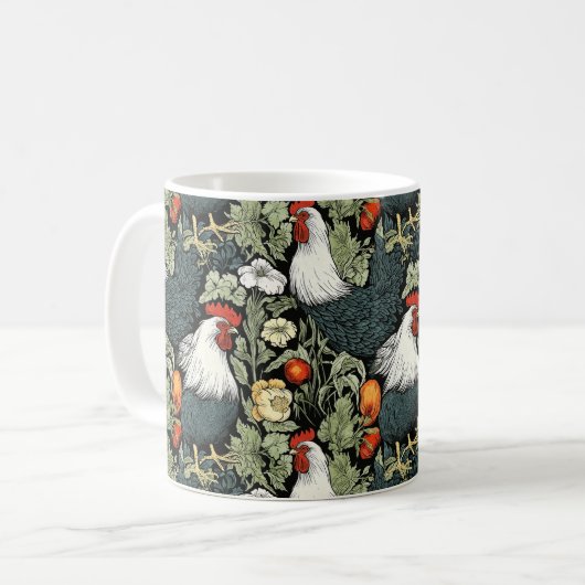 Rooster im grünen Garten William Morris Style Kaffeetasse (Vorderseite Links)