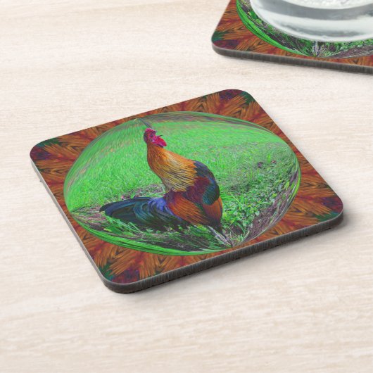 Rooster in Bubble Nature Art Untersetzer Set (Linke Seite)