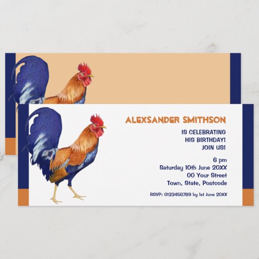 Rooster Long Birthday Party Einladung (Vorne/Hinten)