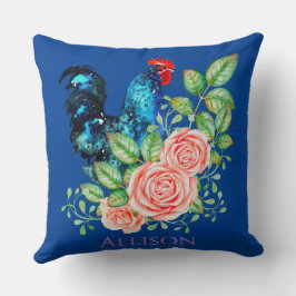 Rooster mit Blume Blau Kissen
