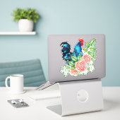 Rooster mit Blume, je geschnitten, Vinyl Sticker (Laptop auf Schreibtisch)