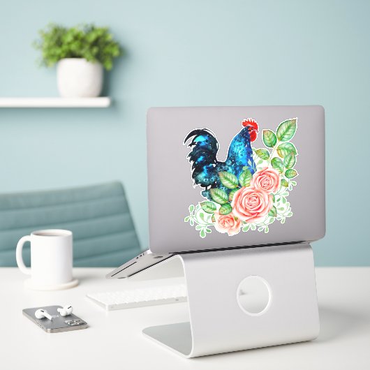 Rooster mit Blume, je geschnitten, Vinyl Sticker (Laptop auf Schreibtisch)