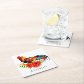 Rooster mit Blume Personalisierte quadratische Pap Rechteckiger Pappuntersetzer (Vor Ort)