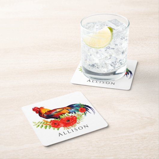 Rooster mit Blume Personalisierte quadratische Pap Rechteckiger Pappuntersetzer (Vor Ort)