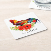 Rooster mit Blume Personalisierte quadratische Pap Rechteckiger Pappuntersetzer (angewinkelt)