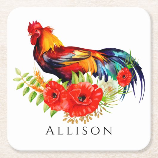 Rooster mit Blume Personalisierte quadratische Pap Rechteckiger Pappuntersetzer (Vorderseite)