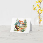 Rooster mit dem alten Bauernhaus und den Blume BLA Karte (Gelbe Blume)