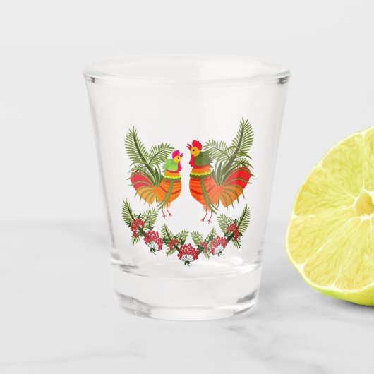Rooster mit Henne Schnapsglas (Vorderseite)