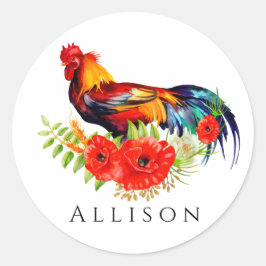 Rooster mit Personalisierten Poppies Runder Aufkleber