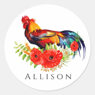 Rooster mit Personalisierten Poppies Runder Aufkleber