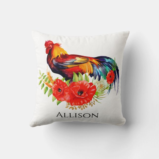 Rooster mit Poppies Bauernhof Kissen Kissen (Rückseite)