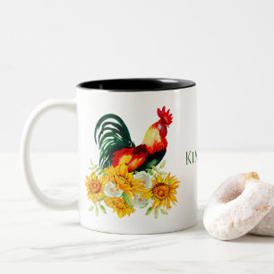 Rooster mit Sonnenblumen Personalisierte Wasserfar Zweifarbige Tasse