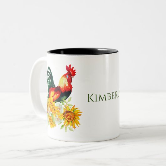 Rooster mit Sonnenblumen Personalisierte Wasserfar Zweifarbige Tasse (Vorderseite Links)