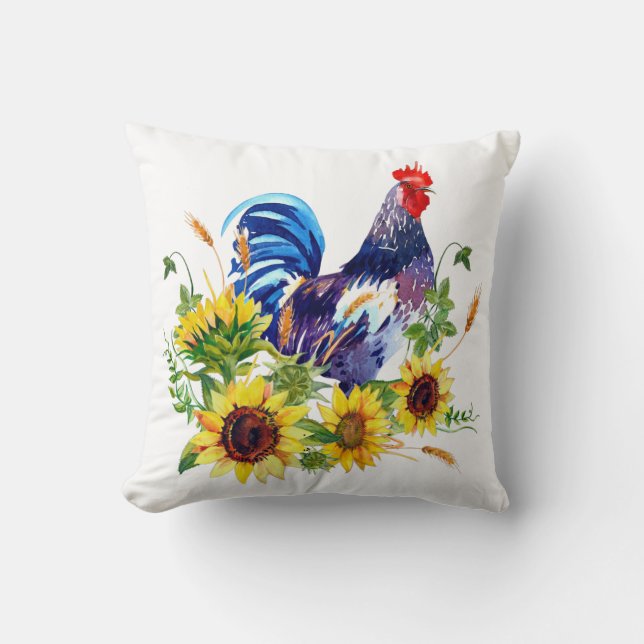 Rooster mit Sonnenblumen Wasserfarben Art Throw Ki Kissen (Vorderseite)