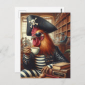 Rooster Pirate mit Kaffee in einem Buchladen Postkarte (Vorne/Hinten)