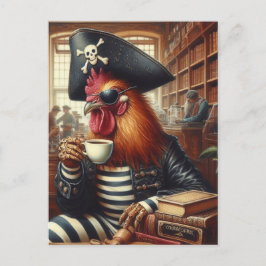 Rooster Pirate mit Kaffee in einem Buchladen Postkarte