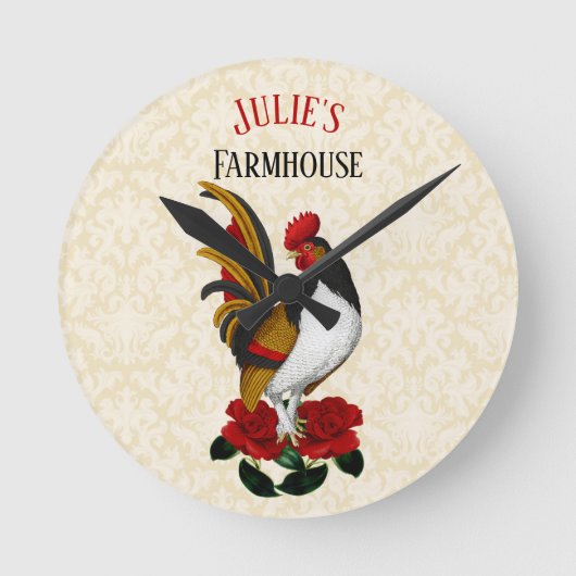 Rooster Red Black Gold Runde Wanduhr (Vorderseite)