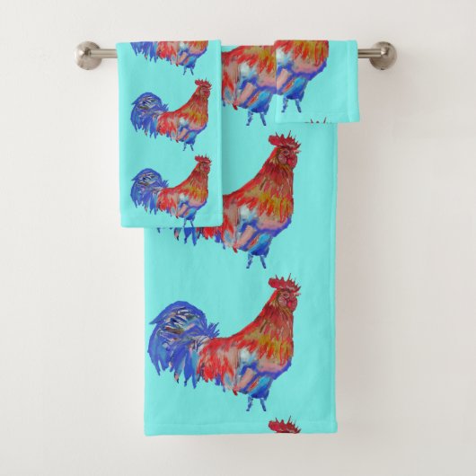 Rooster Roosters Chicken Blue Aqua Boys Mens Badhandtuch Set (Insitu)