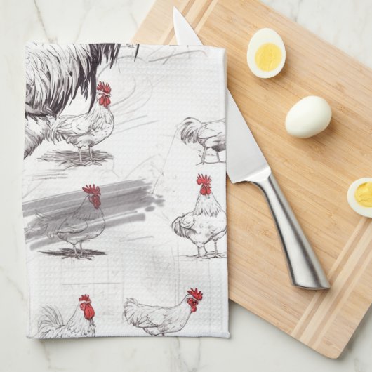 Rooster Sketches Geschirrtuch (Viertel Falte)