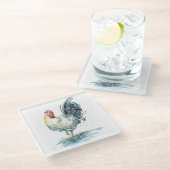 Rooster Splash - Aquarell Glasuntersetzer (Schrägansicht)